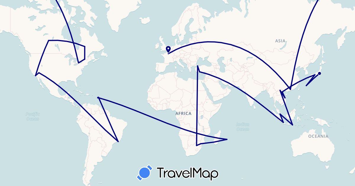TravelMap itinerary: driving in Brazil, Canada, China, France, Guadeloupe, Indonesia, Japan, Réunion, Singapore, Turkey, United States, Vietnam, South Africa (Africa, Asia, Europe, North America, South America)